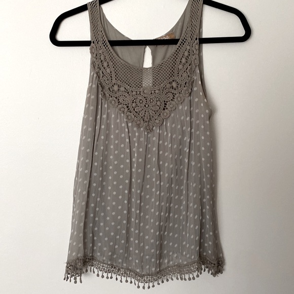 Carla Conti tan polka dot silk tank top with cotton lining and fringe - Picture 1 of 6